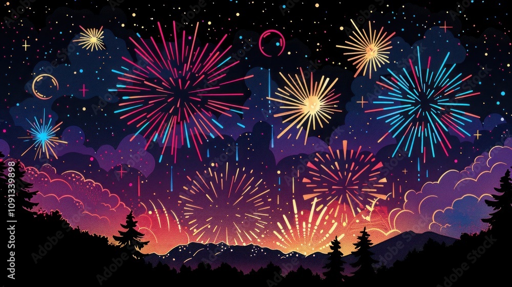 Poster colorful fireworks display exploding over a mountain range at night with a starry sky.