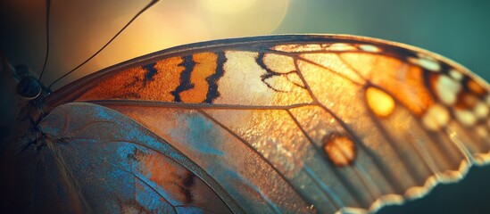 Close-up of a butterfly wing with vibrant orange, blue, and yellow hues, illuminated by sunlight.