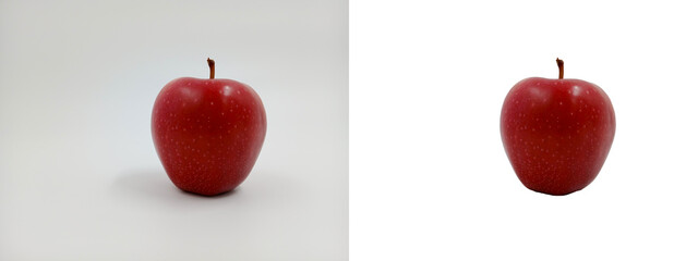 Whole red apple. Close up. Healthy fruits. Vitamin plants, sweet dessert. Isolated objects. Easy to add logo or text. On the topic of cooking, health, beauty, recipes, supermarket catalog.