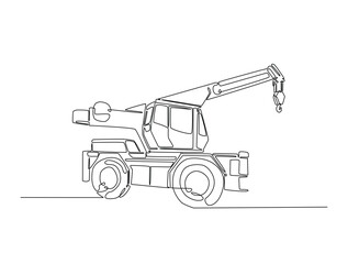 Continuous one line drawing of industrial truck crane. Construction mobile crane in single line vector illustration.