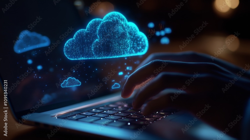 Poster A person interacts with a laptop displaying vibrant cloud graphics, symbolizing cloud computing. The setting is dimly lit, enhancing the glowing effect of the digital clouds during the evening.
