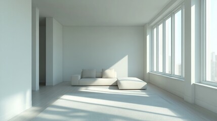 Fototapeta premium Airy minimalist room with soft furniture, bright natural light, and spacious layout creating ideal copy space for real estate presentations.