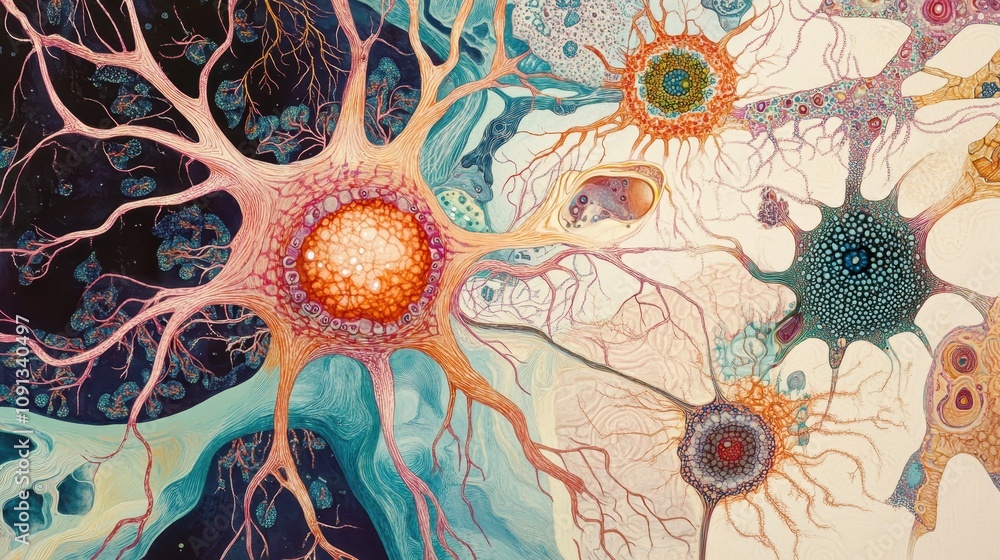 Poster abstract depiction of neurons and synapses illustrating brain connectivity and function.