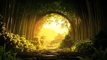 Obraz premium A Path Through a Golden Bamboo Forest, Leading to a Mystical Destination with Sunlight Streaming Through the Trees