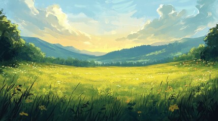 Obraz premium Lush green meadow at dawn or dusk showcasing a vibrant landscape with colorful wildflowers and rolling hills under a bright sky.