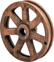 Rustic wooden wheel on white background.