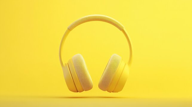 Stylish yellow headphones suspended in mid-air with a bright yellow background, creating a bold and modern visual appeal.