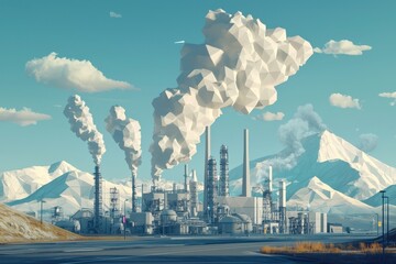 Futuristic Low Poly Depiction of a Factory Complex with Stylized Clouds and Mountains in the Background