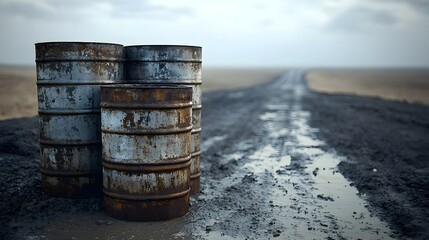Obraz premium Weathered Oil Barrels by Muddy Roadside - Gritty Industrial Landscape with Overcast Sky and Aging Textures