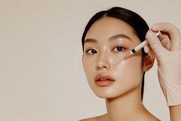 Asian woman and a doctor's hand holding a plastic cannula needle beside for injection wrinkle reduction. Non-surgical facial for anti-aging treatments.