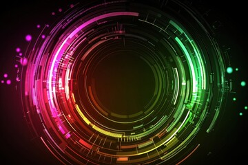 Obraz premium Multi-Layered Circular Design Featuring Pulsating Neon Colors in Vibrant Shades of Pink, Green, and Red Against a Dark Background for Abstract Visuals