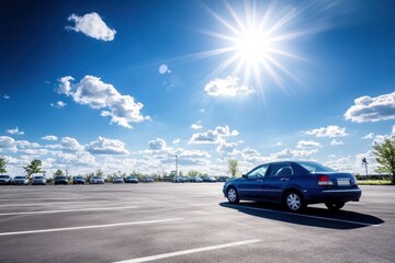 Fototapeta premium Spacious Parking Lot with a Single Professional Car Under Bright Sunlight and Blue Sky Featuring Clouds and Open Space for Vehicles