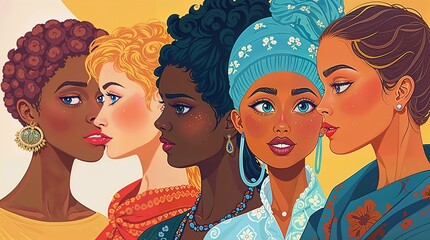 Fototapeta premium Happy Women's Day! Various women from different cultures illustrated in a colorful concept.