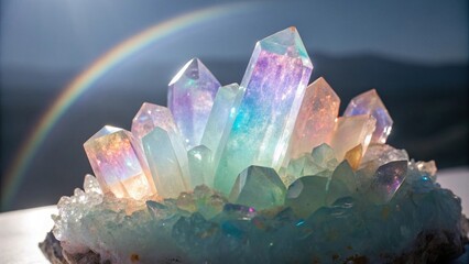 A sprawling multicolored opal crystal formation suspended in mid-air amidst a halo of light, crystal formation, glowing
