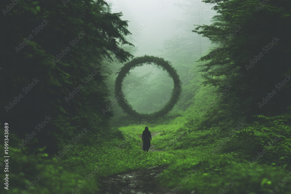 Poster the circle is surrounded by trees and he is a strange, otherworldly object