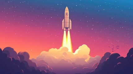 Fototapeta premium Rocket ascending into a vibrant pink and blue sunset sky, surrounded by clouds, symbolizing the excitement of space exploration and startup ventures.