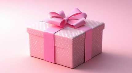 Obraz premium Minimalist pink gift box with polka dot ribbon set against a soft pink backdrop, highlighting delicate details and elegant simplicity.