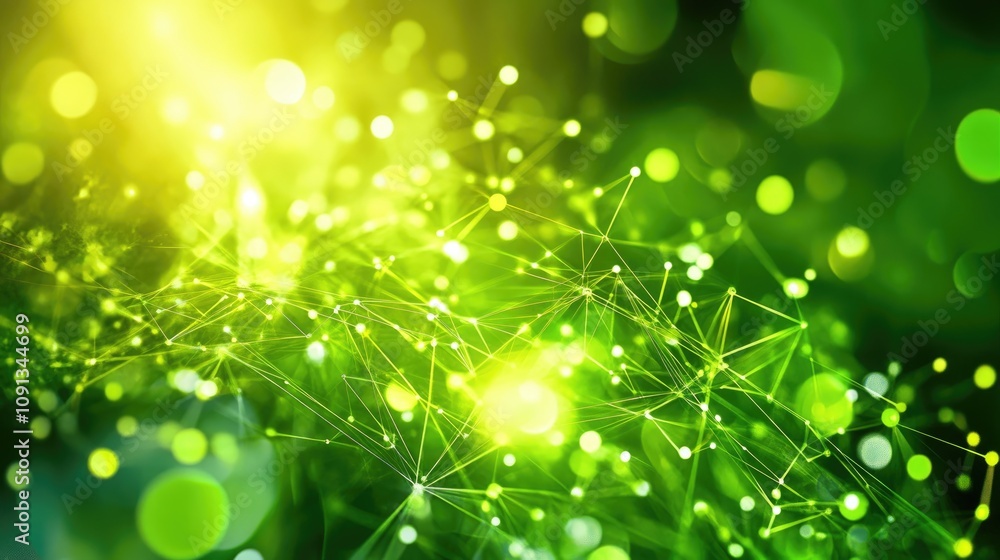 Poster vibrant green abstract network design featuring interconnected lines and dots with a soft, glowing b