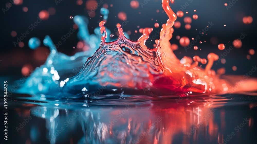 Poster dynamic splash of red and blue liquids in abstract composition