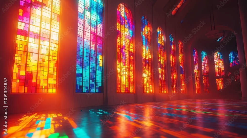 Poster vibrant illuminated stained glass, a captivating display of colorful patterns and light interplay, s