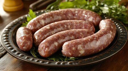 Fototapeta premium Delicious sausages displayed on a decorative platter, surrounded by fresh herbs, perfect for a gourmet meal or culinary presentation.