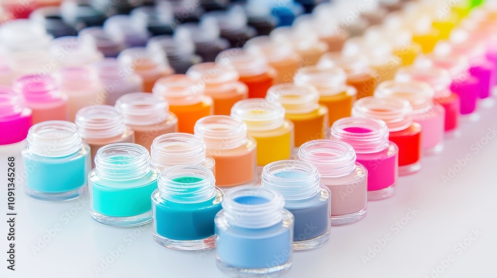 Poster vibrant color swatch palette, an array of hues displayed on a clean surface, showcasing a harmonious