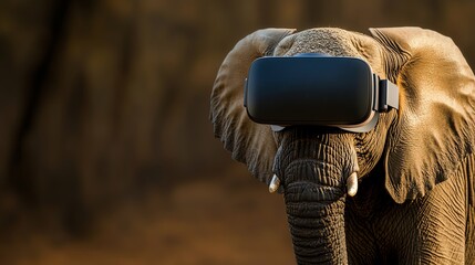 Fototapeta premium An elephant wearing virtual reality goggles, showcasing a unique blend of wildlife and technology in a captivating setting.