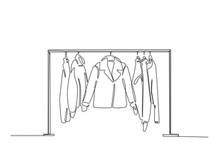 Continuous one line drawing of female clothes hanging on rail stand. Clothes hanging on rail stand single line art vector illustration. Editable vector.