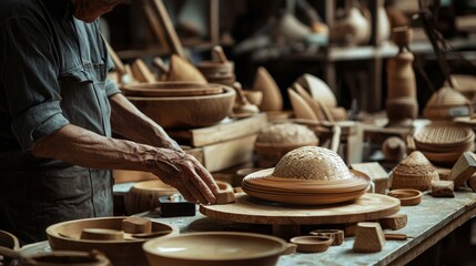 Artisan working with handcrafted wooden items in workshop