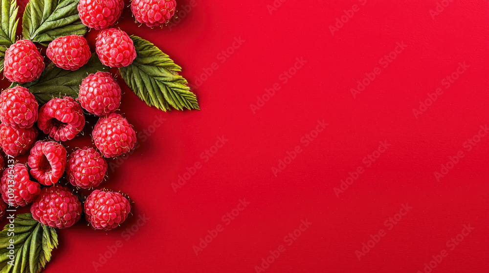 Poster fresh raspberries with green leaves on vibrant red background create striking visual. rich color con