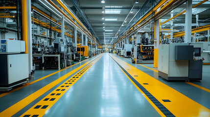 Fototapeta premium Modern Empty Factory Floor with Machinery and Yellow Safety Lines