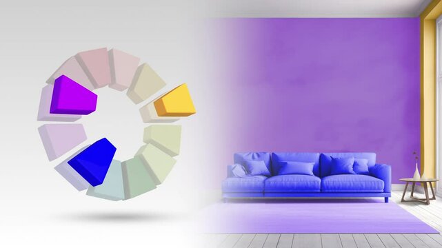Split complementary color scheme of  violet,yellow orange,blue for living interior