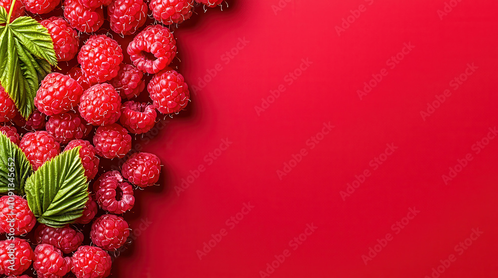Poster fresh raspberries with green leaves on solid red background create vibrant and appetizing scene. ric