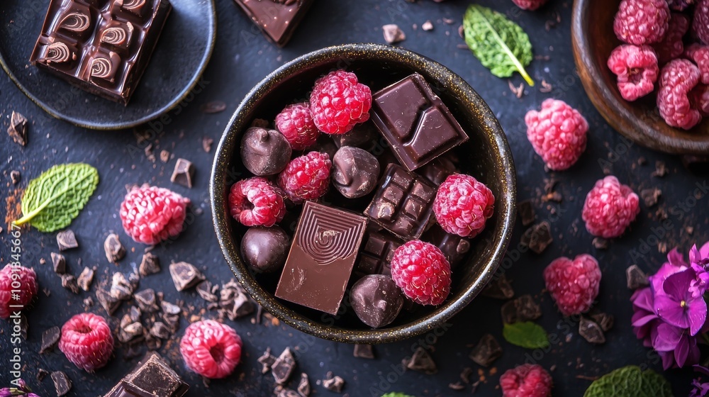 Wall mural Dark chocolate and fresh raspberries on dark slate background