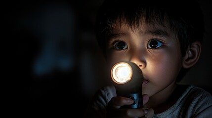 Child facing their fear of the dark, holding a flashlight in a dark room, symbolizing courage in overcoming fears.