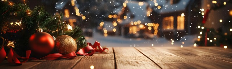 Fototapeta premium A festive podium with rich wooden textures, adorned with green pine boughs, red ribbons, and golden ornaments. The wintery scene behind features a snow-covered village with glowing lights, offering