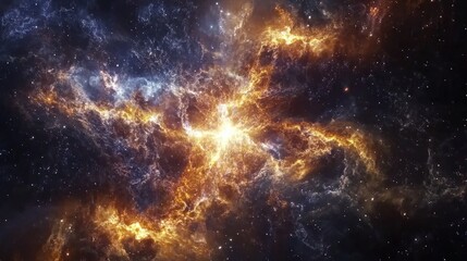 Fototapeta premium Vibrant cosmic nebula illuminated by bursts of orange and blue light, representing the beauty and mystery of the universe's vastness.