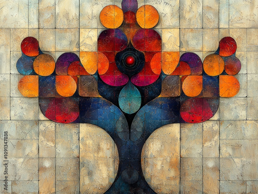 Poster serpent temptress intertwines geometric apple tree symbolizing year 2025 abstract shapes vivid color