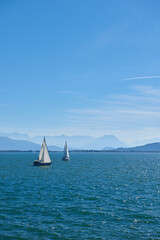 Fototapeta premium Breathtaking Panorama of Bodensee with White Sailboats and Swiss Alps from Lindau, Germany. Idyllic Summer Scene Captures European Vacation Paradise Showcasing Sailing, Nature, and Mountain Vistas.