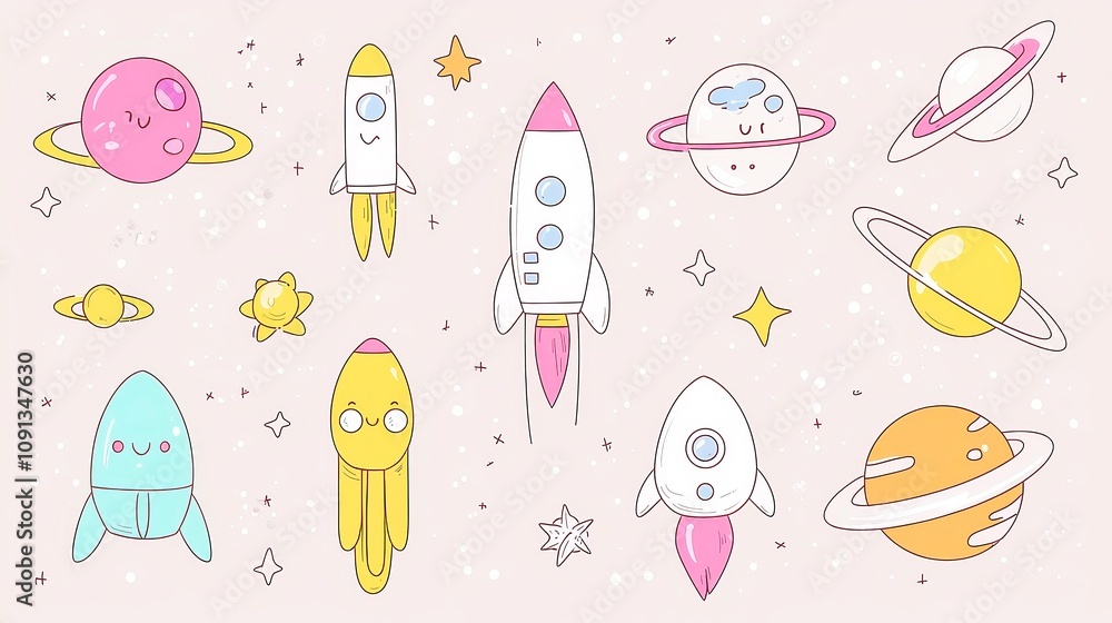 Poster cosmic doodles, a whimsical collection of hand-drawn space objects and symbols, capturing the essenc