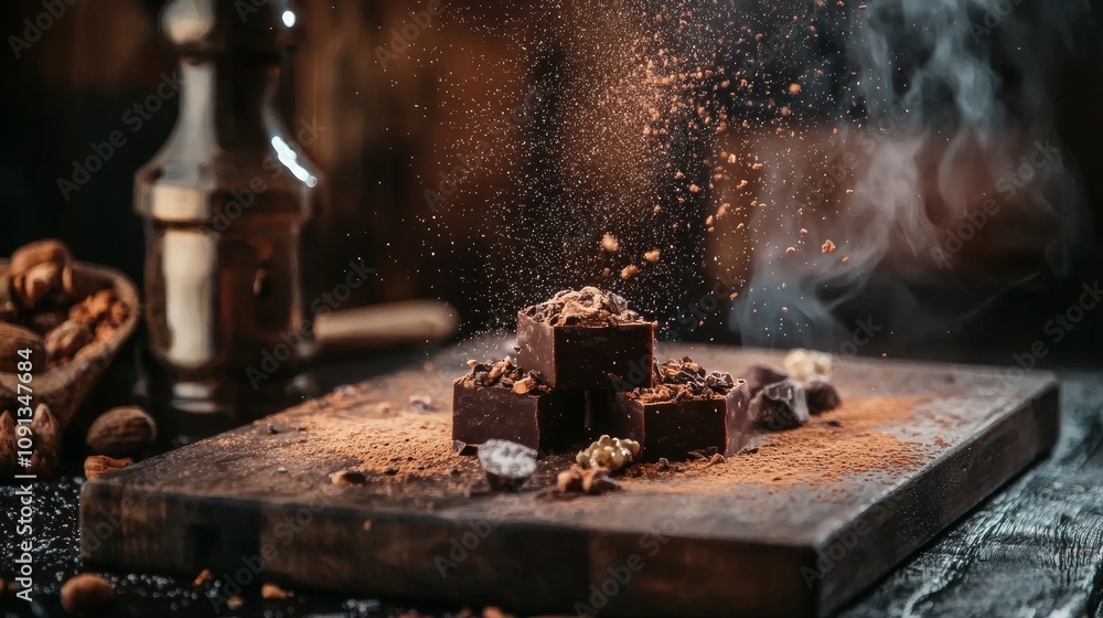 Wall mural Dark chocolate pieces dusted with cocoa powder on rustic table