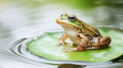 Obraz premium A green frog sits on a lily pad in calm water.