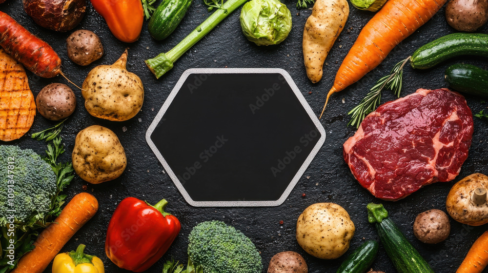 Poster fresh vegetables and meat arranged around blank hexagonal sign, creating vibrant and colorful displa