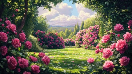Lush garden filled with vibrant pink roses and peonies blooming under a blue sky with fluffy clouds, surrounded by greenery.