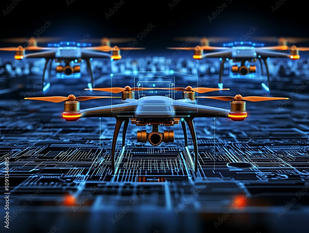 Poster logistic management supply chain technology concept, futuristic drones hover above a digital circuit