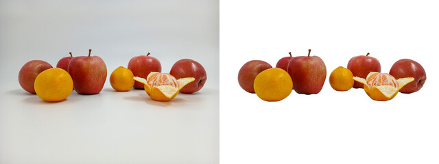 Whole apples and peeled tangerine. Healthy fruits. Vitamin plants, sweet dessert. Isolated objects. Easy to add logo or text. On the topic of cooking, health, beauty, recipes, supermarket catalog.