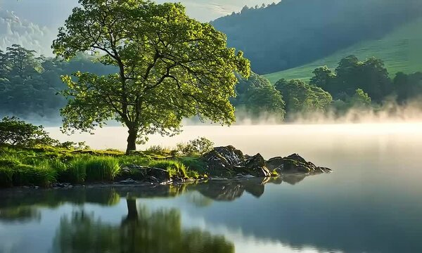 Serene Summer Morning: Lone Tree on an Island Overlooking Rydal Water, Lake District, UK