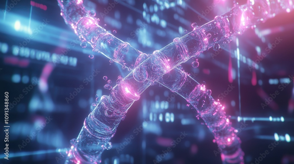 Poster abstract representation of dna strands intertwined with digital elements.