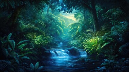 Naklejka premium Tranquil stream winding through vibrant tropical foliage in a serene forest, with dappled sunlight filtering through dense greenery.