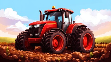 Fototapeta premium Tractor tilling soil for crop preparation in vibrant rural landscape with bright blue sky and fluffy clouds in the background.